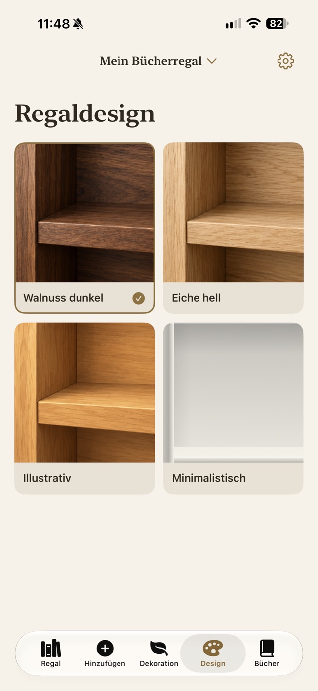 Regaldesign auswählen: Walnuss dunkel, Eiche hell, illustrativ oder minimalistisch